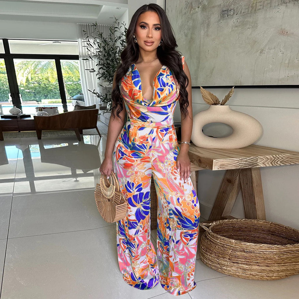 Women’s sleeveless lace-up wide-leg printed jumpsuit by Bella Mia, featuring a stylish design and comfortable fit.
