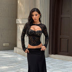 Lace cutout push-up long sleeve top for women, stylish autumn fashion by Plush Fashion Hub.