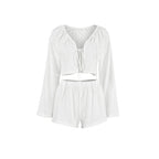Bella Mia white cotton cardigan and pajamas set with lace-up detail, long sleeves, casual two-piece homewear for ladies