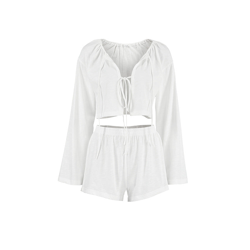 Bella Mia white cotton cardigan and pajamas set with lace-up detail, long sleeves, casual two-piece homewear for ladies