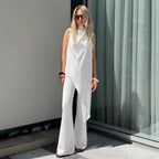 White tie neck sleeveless top and wide-leg pants, summer women’s two-piece set by Plush Fashion Hub, casual and stylish clothing.