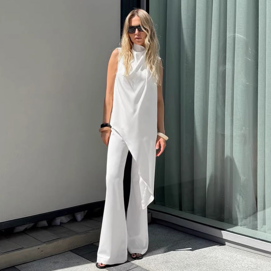 White sleeveless tie neck top and wide-leg pants two-piece set for women, featuring an asymmetric sleeveless design.