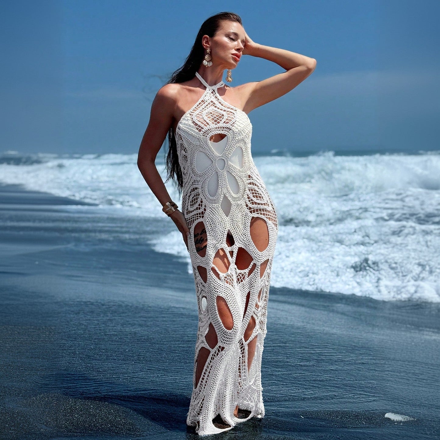 Solid color sexy cutout halter beach cover-up bikini swimsuit dress for women, featuring a stylish, lightweight design.
