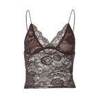 Bella Mia women's see-through lace spaghetti strap bandeau vest with deep V plunge, slim fit, and sexy design.