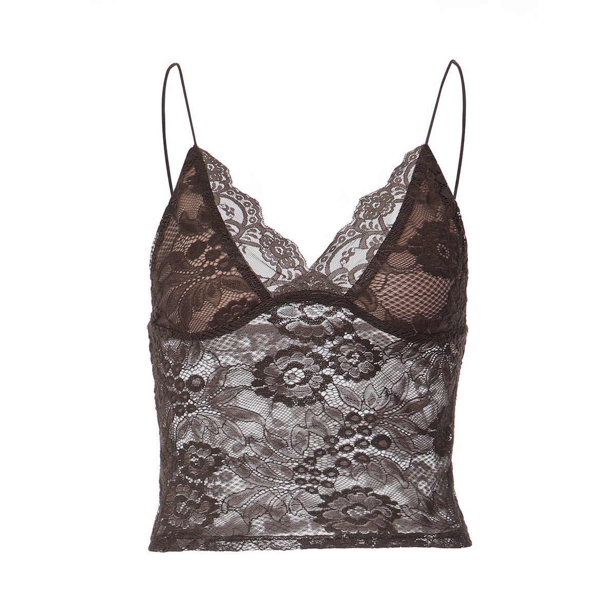 Bella Mia women's see-through lace spaghetti strap bandeau vest with deep V plunge, slim fit, and sexy design.