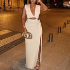 Women’s Bella Mia sleeveless dress with an oblique V-neck, off-shoulder design, irregular hem, and side slit.