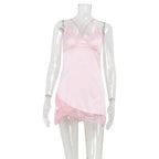 Pink satin V-neck lace edge dress by Bella Mia, featuring a sexy summer design and skin-friendly material, perfect for warm weather.