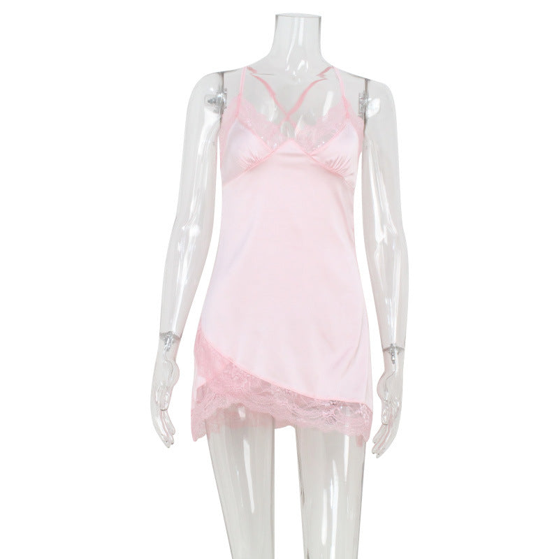 Pink satin V-neck lace edge summer dress from Plush Fashion Hub, featuring a skin-friendly, sexy sling pajama style.