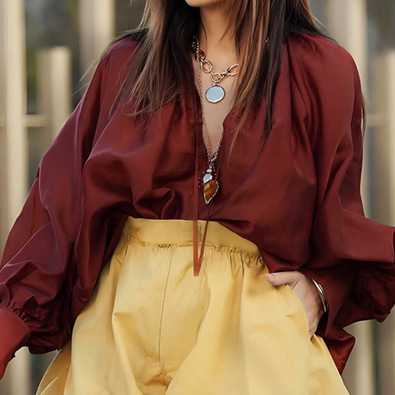 Autumn Ladies Loose Solid Color V neck Long Sleeve Casual Top Bella Mia