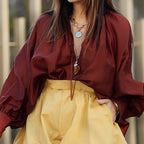 Bella Mia autumn ladies loose V-neck long sleeve casual top in solid color, featuring a relaxed fit and comfortable fabric.