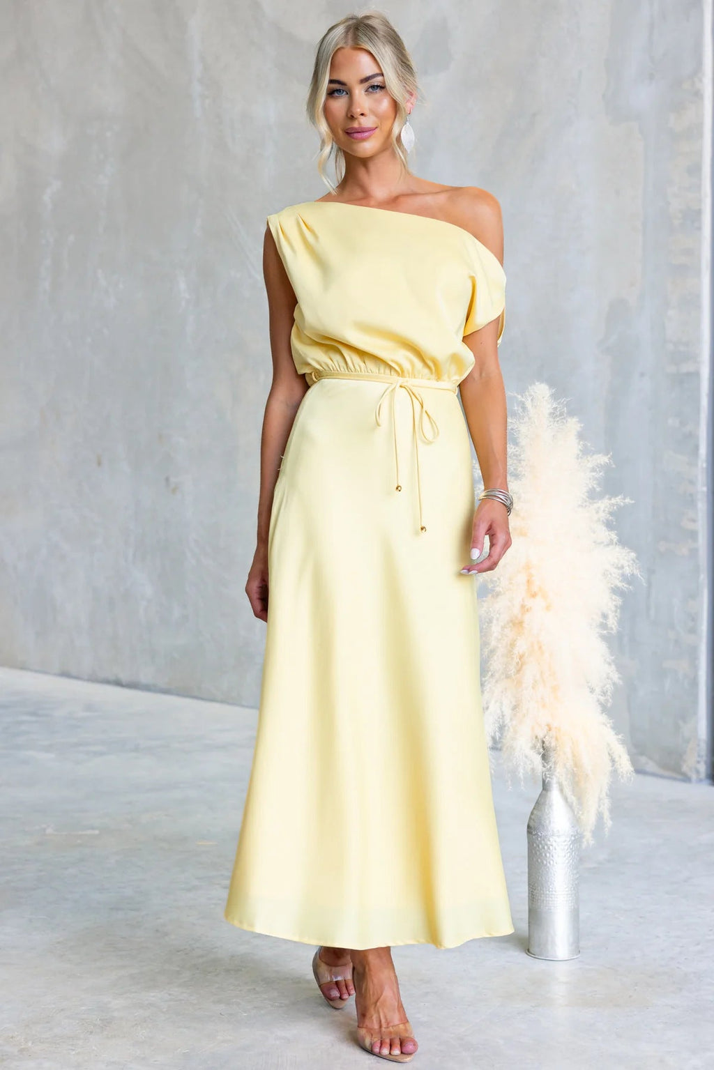 Plush Fashion Hub summer off-the-shoulder cocktail dress in solid color with sloping shoulder and tied waist, perfect for warm weather.