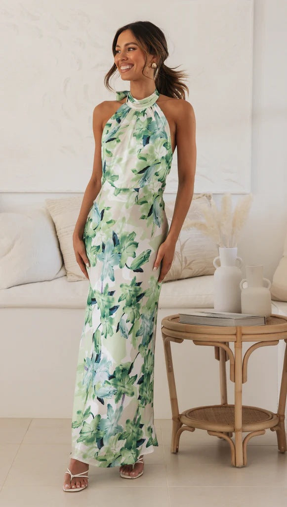 Floral digital print halter mid-length dress by Plush Fashion Hub, perfect for spring and summer occasions.