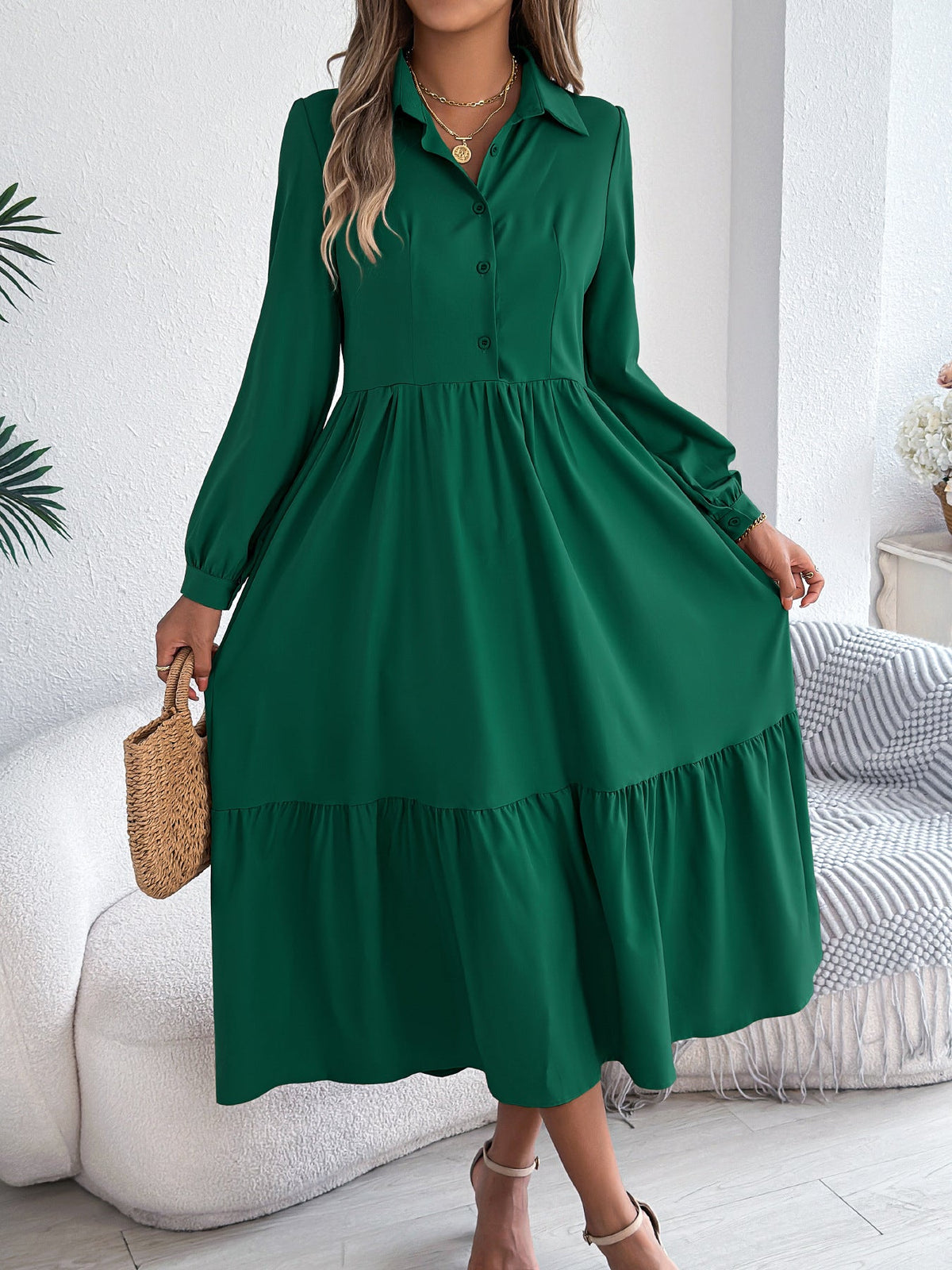 Loose long sleeve ruffled shirt dress for women, featuring a collared design in autumn and winter casual fashion by Plush Fashion Hub.