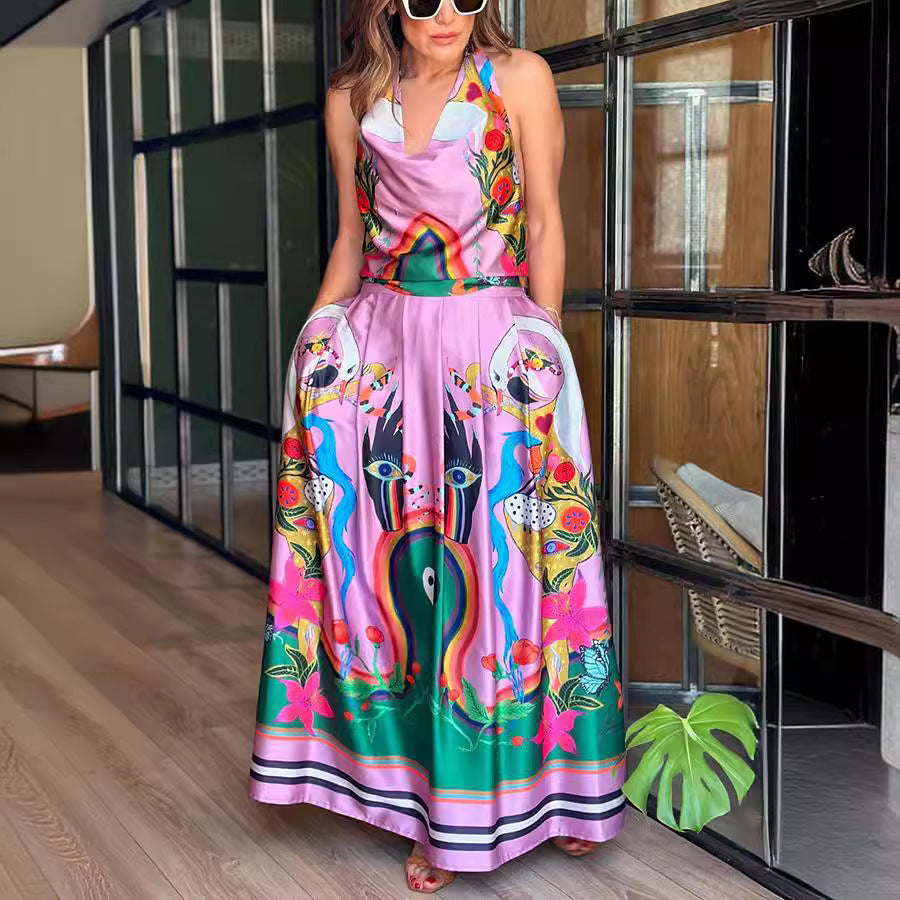 Sleeveless printed summer dress by Plush Fashion Hub featuring a casual, loose fit with lace-up detail for vacation style.