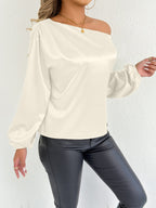 White satin long sleeve women's summer shirt by Bella Mia, stylish satin top perfect for warm weather.