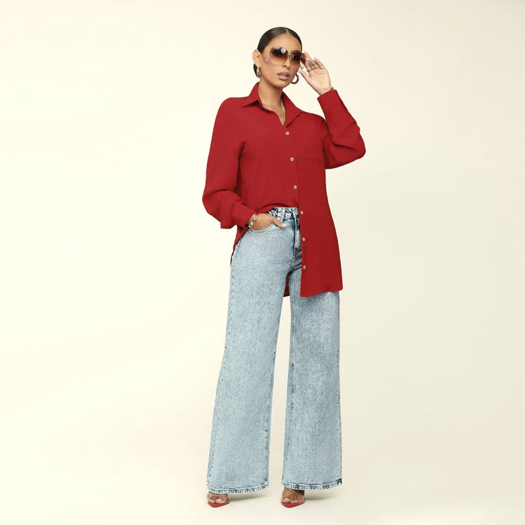 Bella Mia women's long sleeve solid color fall top, loose casual shirt with a relaxed fit, perfect for casual wear.