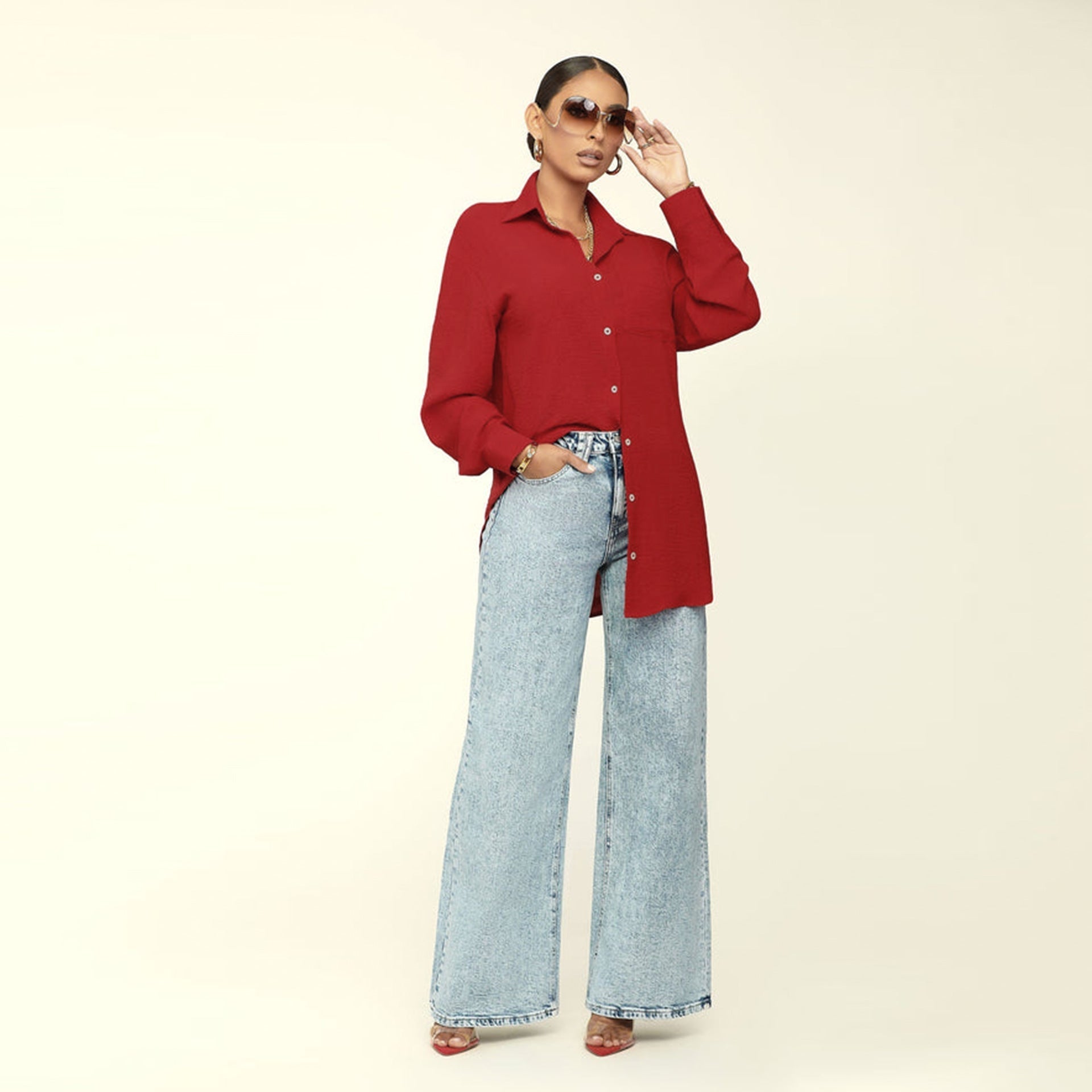Bella Mia women's long sleeve solid color fall top, loose casual shirt with a relaxed fit, perfect for casual wear.