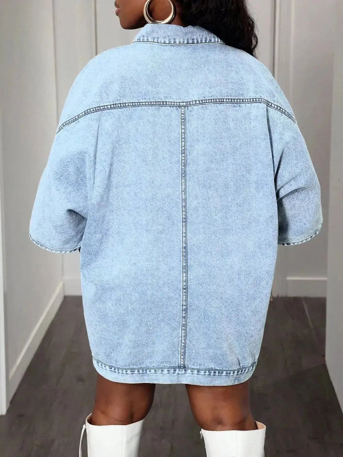 Women’s oversized denim button-down shirt with batwing sleeves by Plush Fashion Hub, casual and trendy for everyday wear.