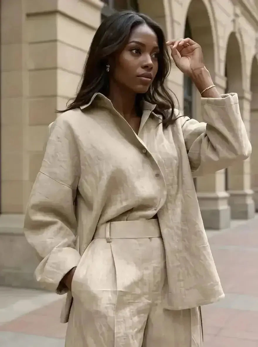 Women's oversized long sleeve button-down shirt by Plush Fashion Hub, relaxed casual chic style, with a soft fabric and classic collar.