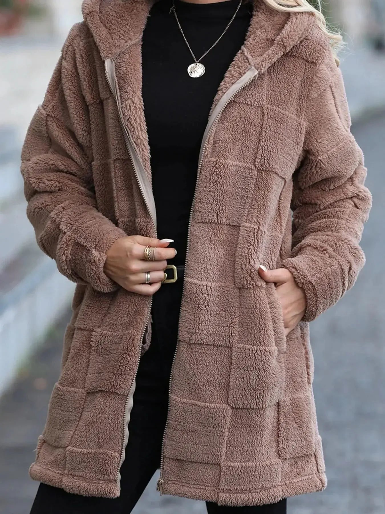 Oversized Fleece Zip Up Hooded Outerwear With Pockets Gilded Glamour Shop