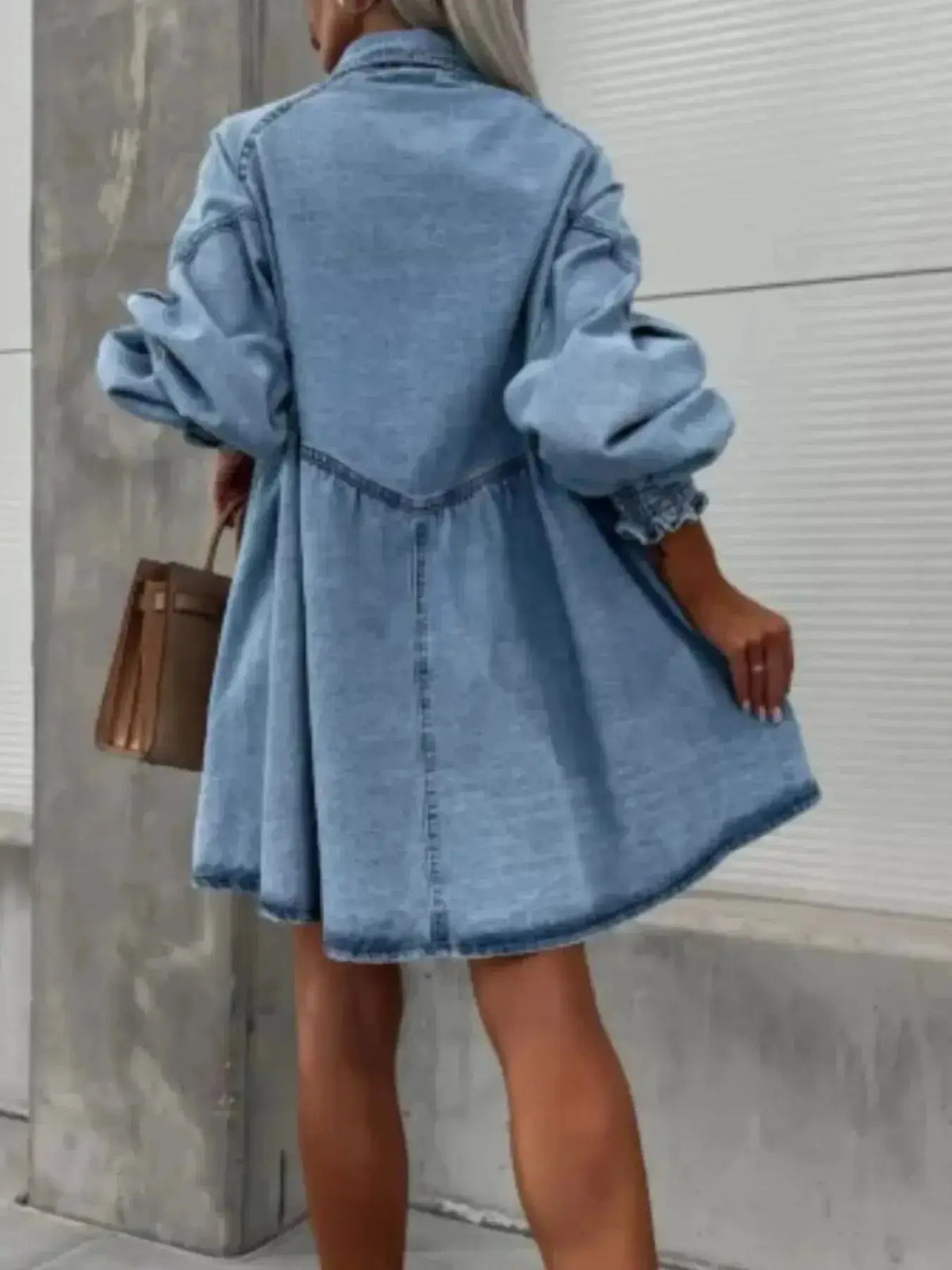 Oversized long sleeve button-up denim dress by Plush Fashion Hub, featuring a casual fit and classic denim fabric.