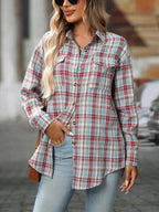 Women's oversized plaid button-down shirt by Trendsi, soft casual flannel top with a relaxed fit and classic plaid pattern.