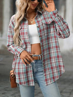 Soft casual oversized plaid button-down shirt for women by Trendsi, featuring a relaxed fit and flannel fabric.