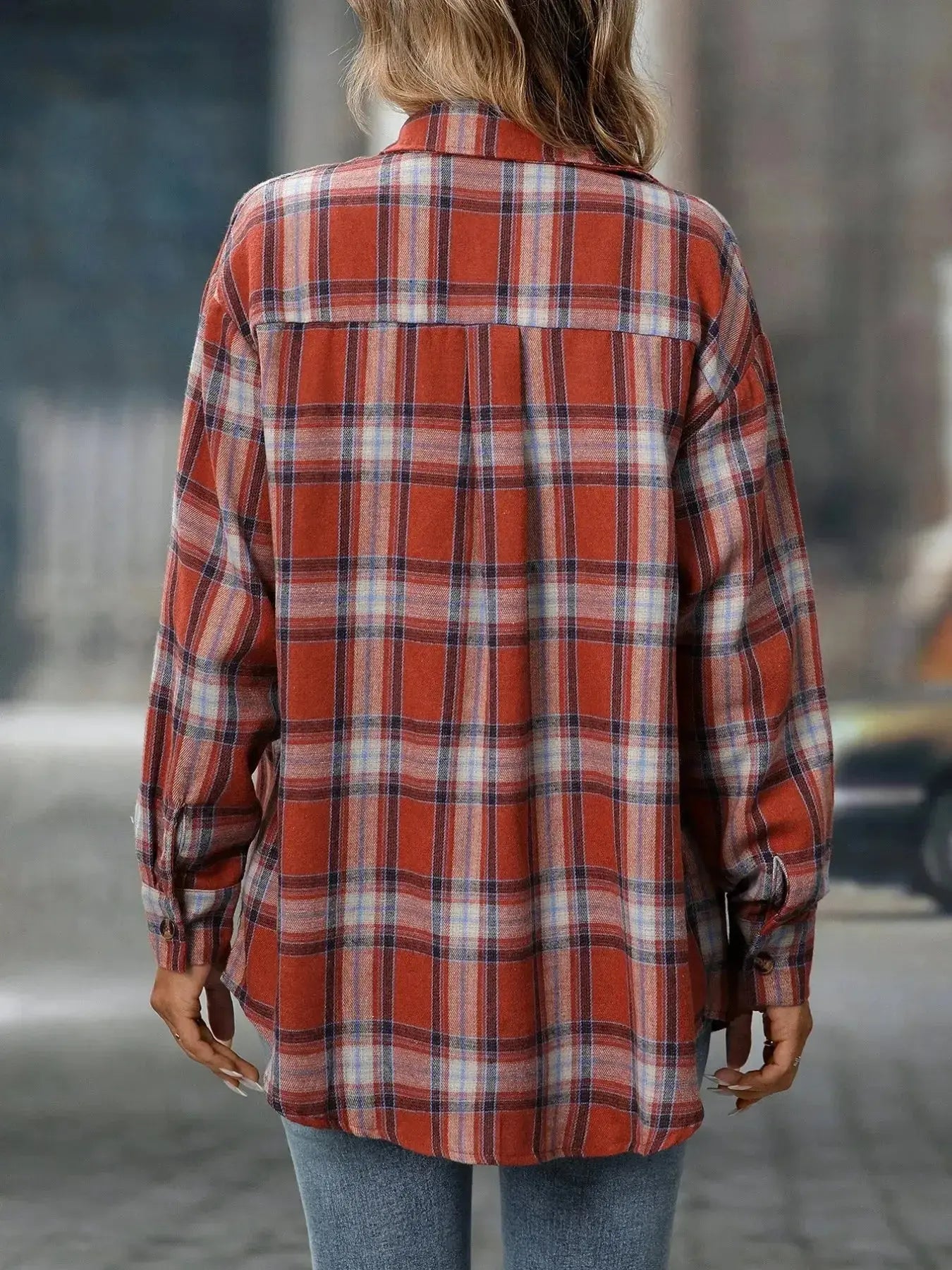 Oversized plaid button-down shirt for women by Trendsi, soft casual flannel top with a relaxed fit and classic checkered pattern.