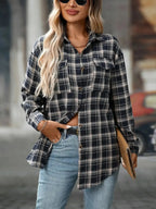 Oversized women's plaid button-down shirt by Trendsi, soft casual flannel top with a relaxed fit and classic plaid pattern.