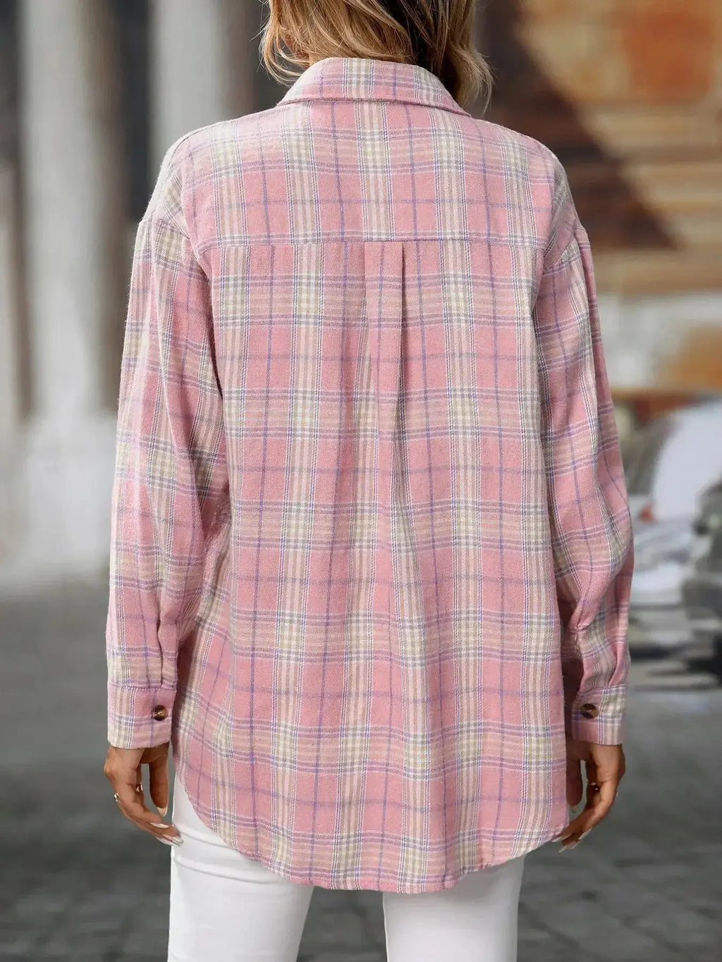 Oversized plaid button-down shirt for women by Trendsi, soft casual flannel top with a relaxed fit and classic checkered pattern.