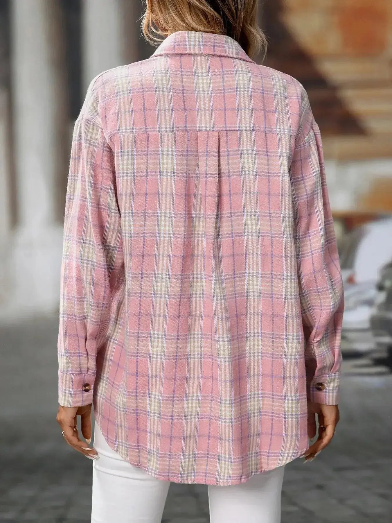 Oversized plaid button-down shirt for women by Trendsi, soft casual flannel top with a relaxed fit and classic checkered pattern.