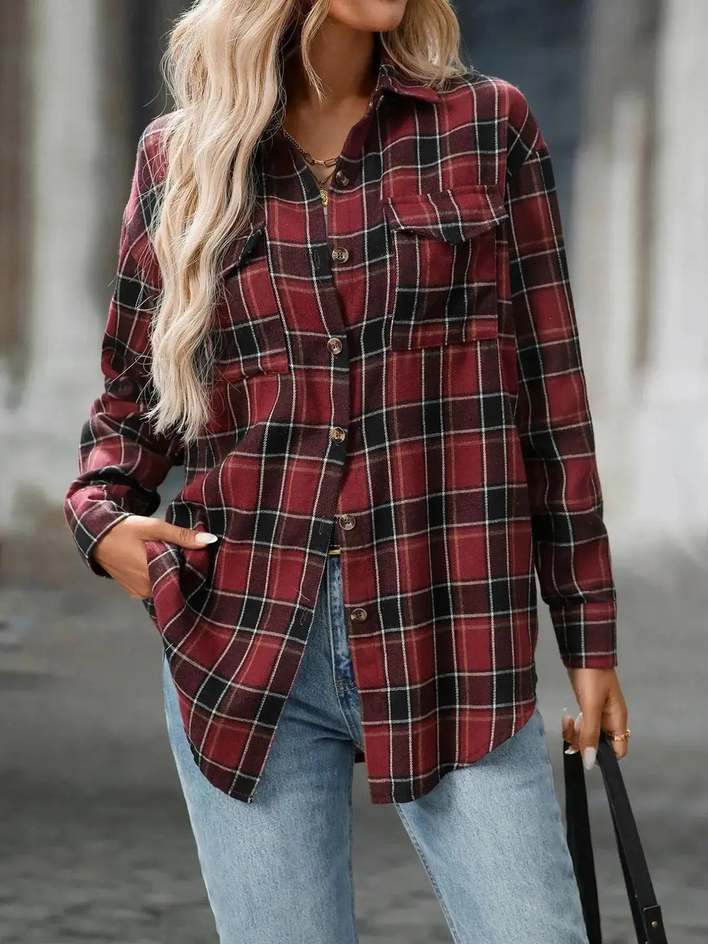 Women’s oversized plaid button-down shirt by Trendsi, soft casual flannel top with a relaxed fit and classic plaid pattern.