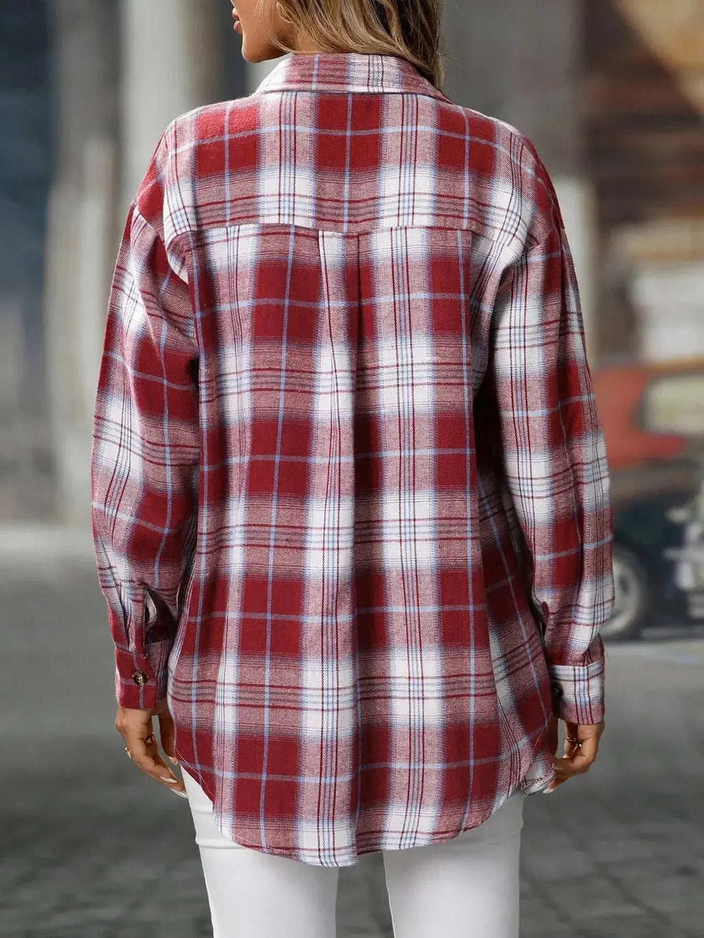 Oversized women's plaid button-down shirt by Trendsi, soft casual flannel top with a relaxed fit and classic plaid pattern.