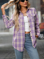 Oversized women's plaid button-down shirt by Trendsi featuring soft flannel fabric, casual casual top with a relaxed fit.