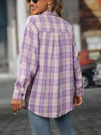 Oversized women's plaid button-down shirt by Trendsi, soft casual flannel top with a relaxed fit and classic pattern.