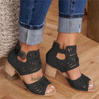Women's cutout floral chunky heel sandals by Trendy Attic Store01 with open toe and stylish floral design.