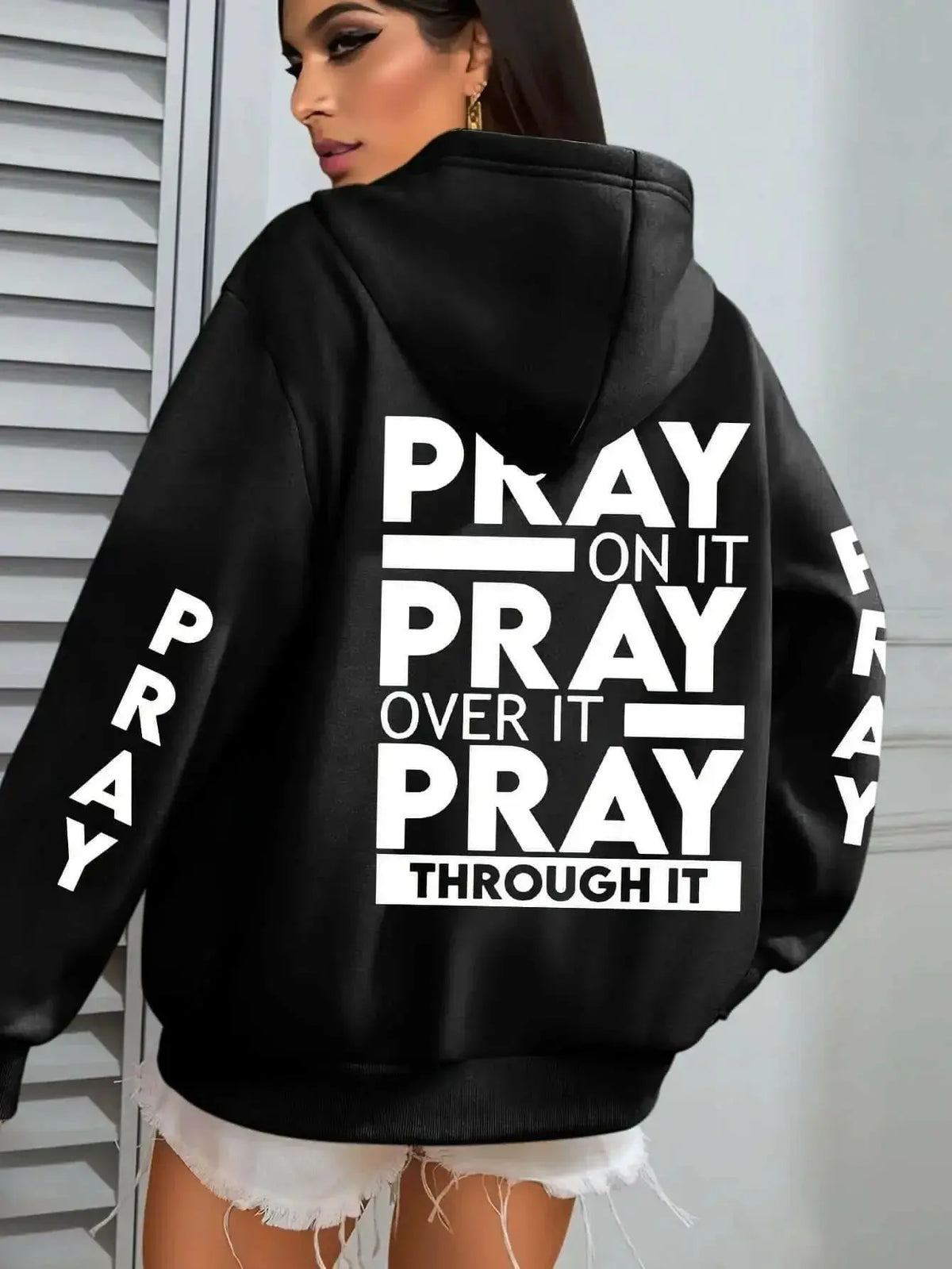 Plus size women's pray print hoodie with kangaroo pocket and cozy pullover design from Plush Fashion Hub.