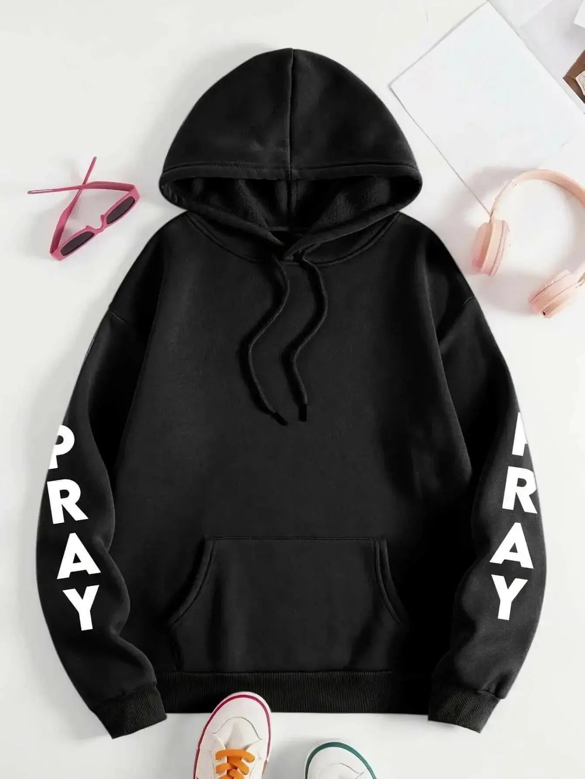 Plus size women's Pray print hoodie with kangaroo pockets, cozy casual pullover from Plush Fashion Hub.