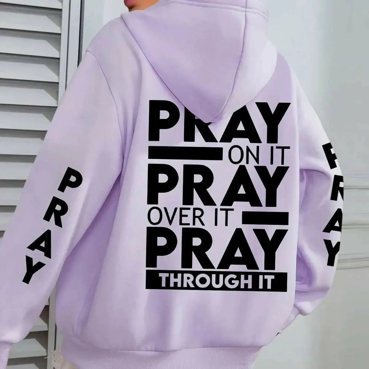 Plus size women's pray print hoodie with kangaroo pocket, cozy casual pullover by Plush Fashion Hub.