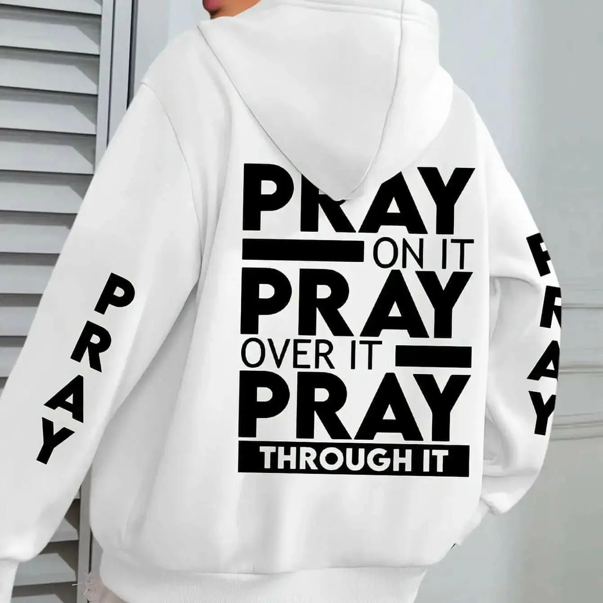 Women’s plus size pray print kangaroo pocket hoodie by Plush Fashion Hub, cozy casual pullover with faith-themed design.