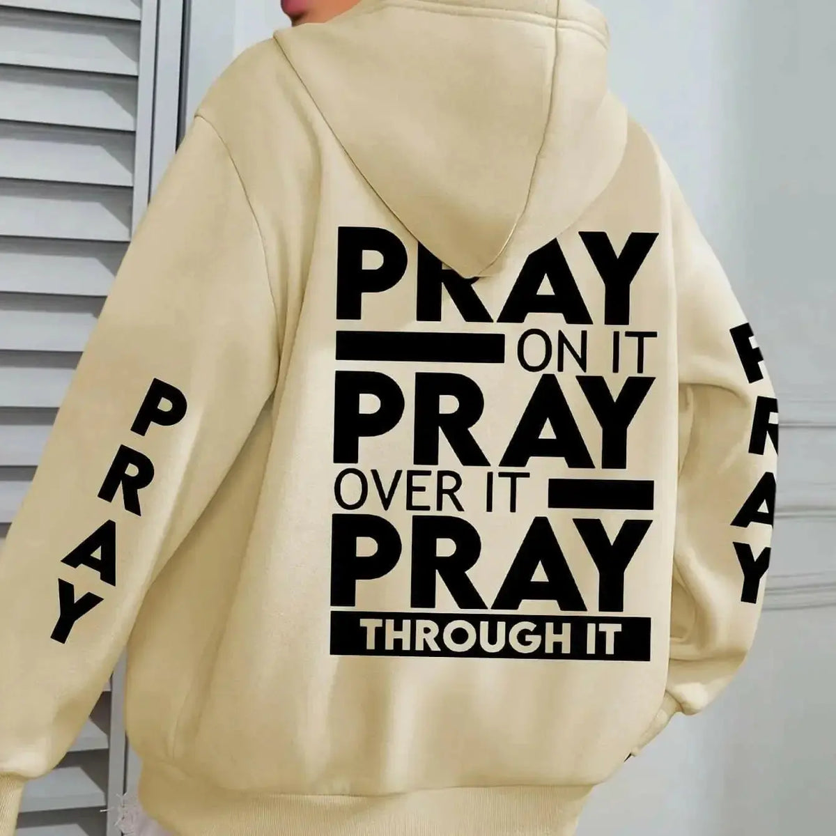 Plus size women's pray print hoodie with kangaroo pocket, cozy casual pullover by Plush Fashion Hub.