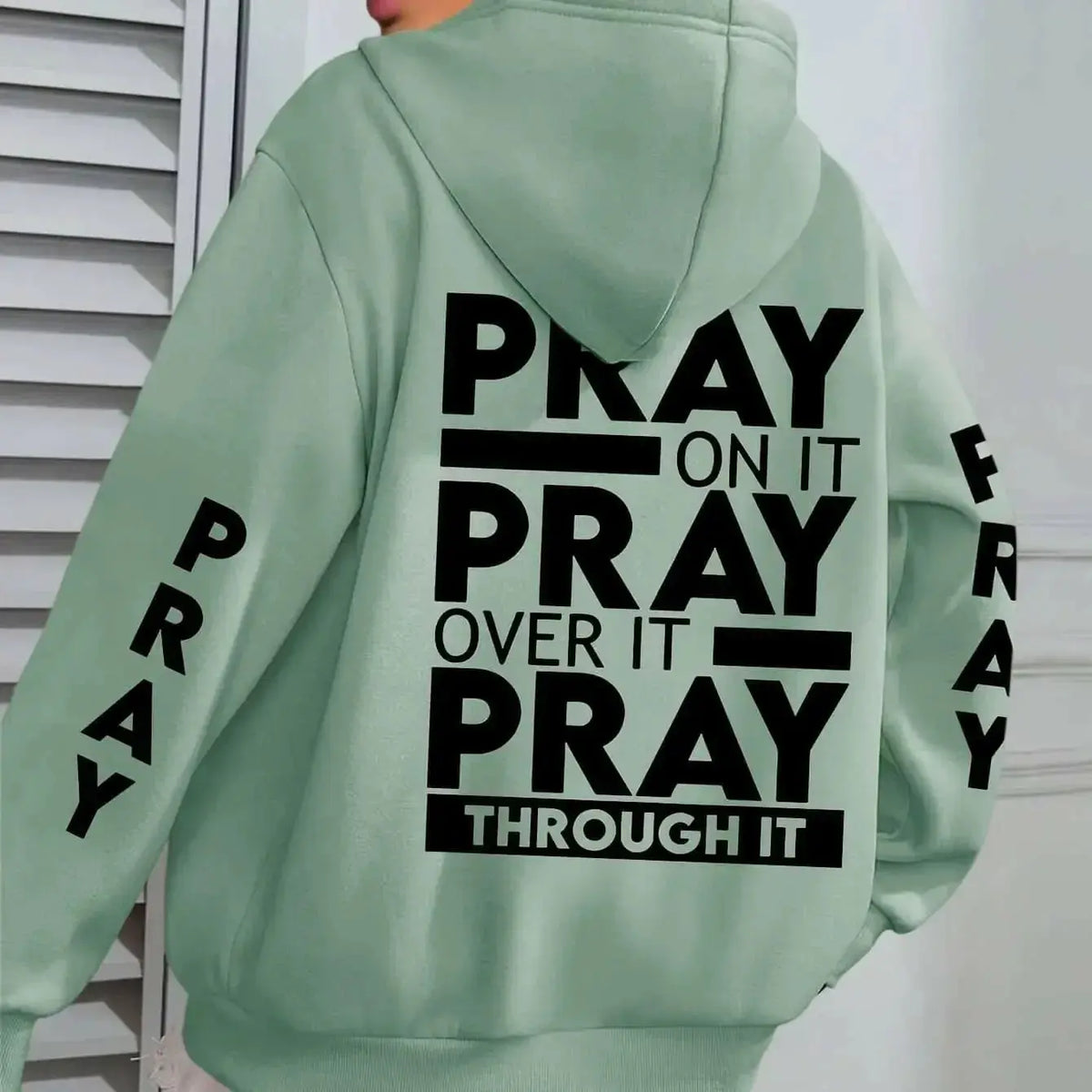 Plus size women's pray print hoodie with kangaroo pocket, cozy casual pullover by Plush Fashion Hub.