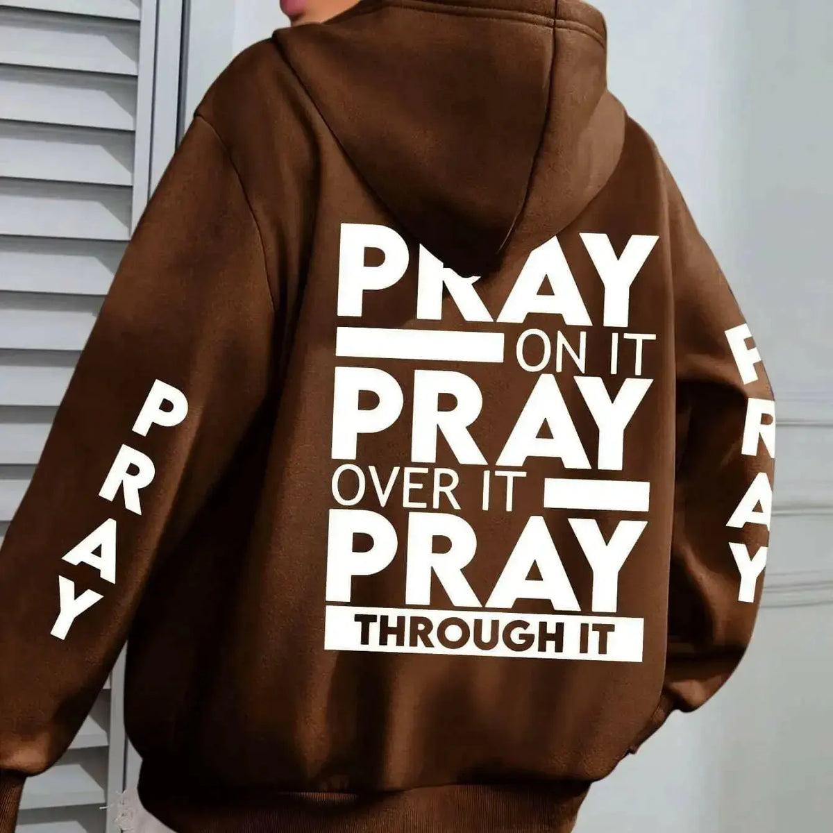 Plus size women's pray print hoodie with kangaroo pocket from Plush Fashion Hub, cozy casual pullover with faith-themed design.