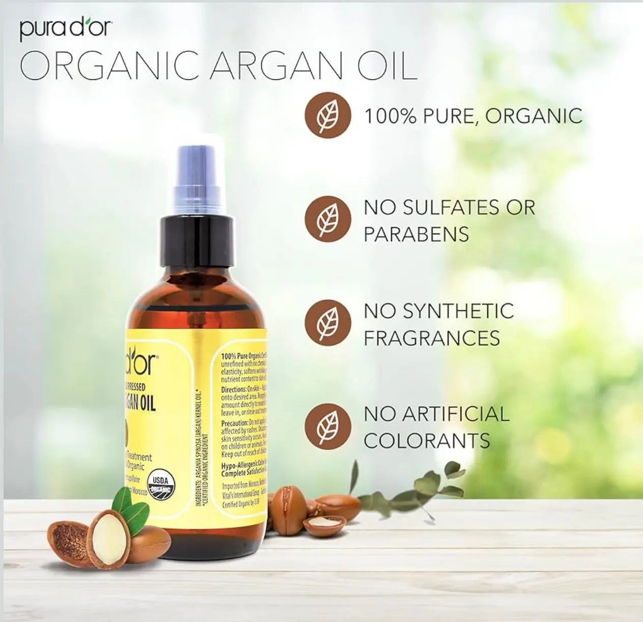 PURA D'OR 4 Oz Organic Moroccan Argan Oil – 100% Pure Cold-Pressed Virgin Grade – Lightweight Moisturizer for Skin, Face, Body & Hair – Helps Dry Skin, Scalp Care, Split Ends, Nails & Cuticles AURORE LUXURE
