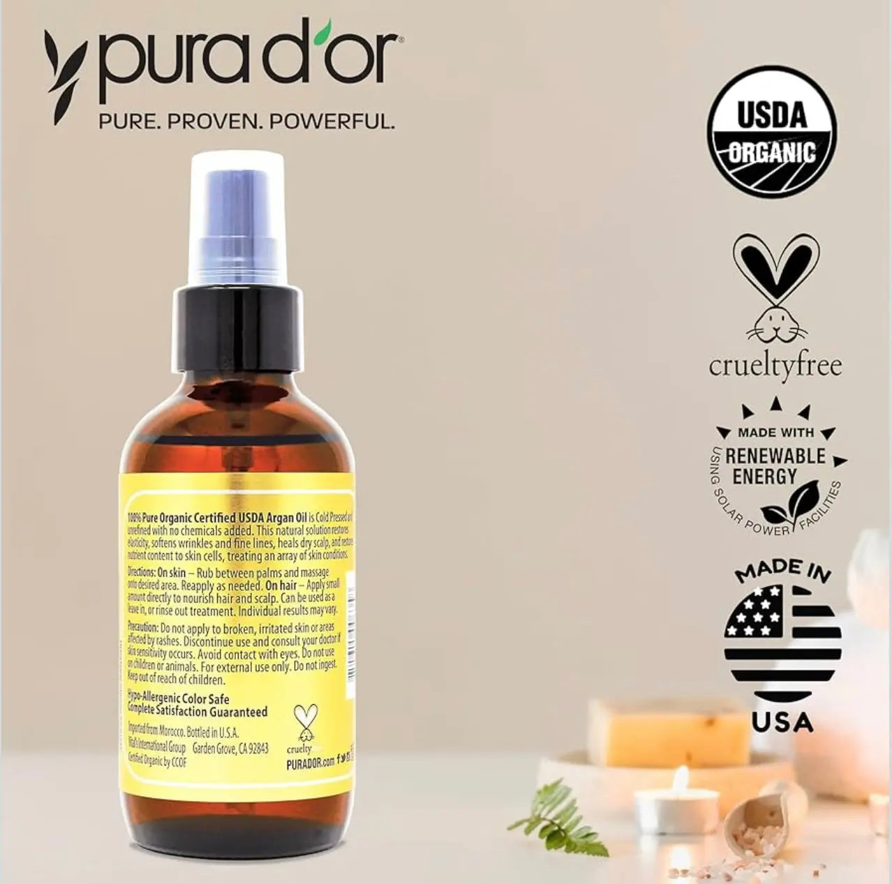 PURA D'OR 4 Oz Organic Moroccan Argan Oil – 100% Pure Cold-Pressed Virgin Grade – Lightweight Moisturizer for Skin, Face, Body & Hair – Helps Dry Skin, Scalp Care, Split Ends, Nails & Cuticles AURORE LUXURE