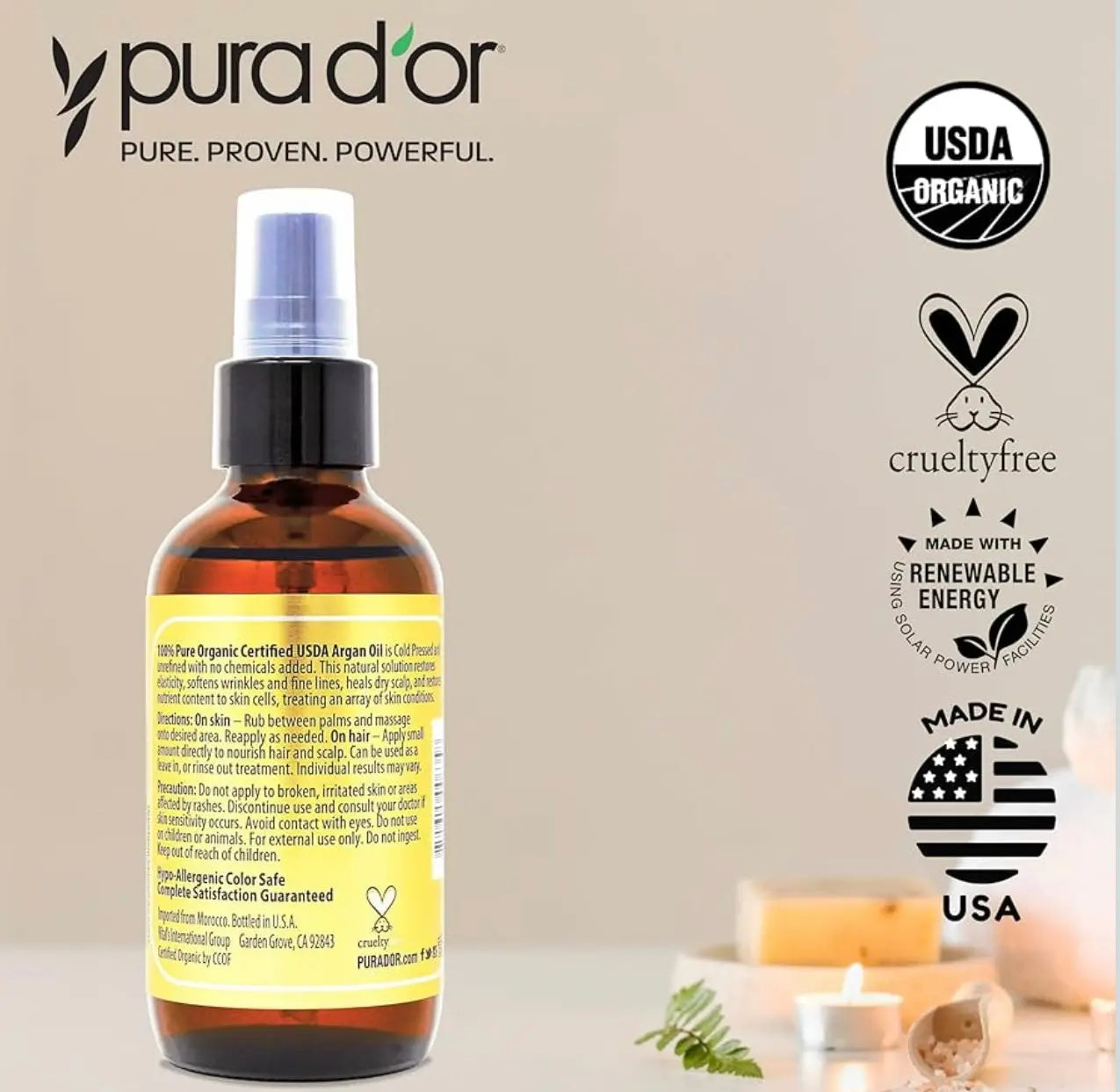 PURA D'OR 4 Oz Organic Moroccan Argan Oil – 100% Pure Cold-Pressed Virgin Grade – Lightweight Moisturizer for Skin, Face, Body & Hair – Helps Dry Skin, Scalp Care, Split Ends, Nails & Cuticles AURORE LUXURE