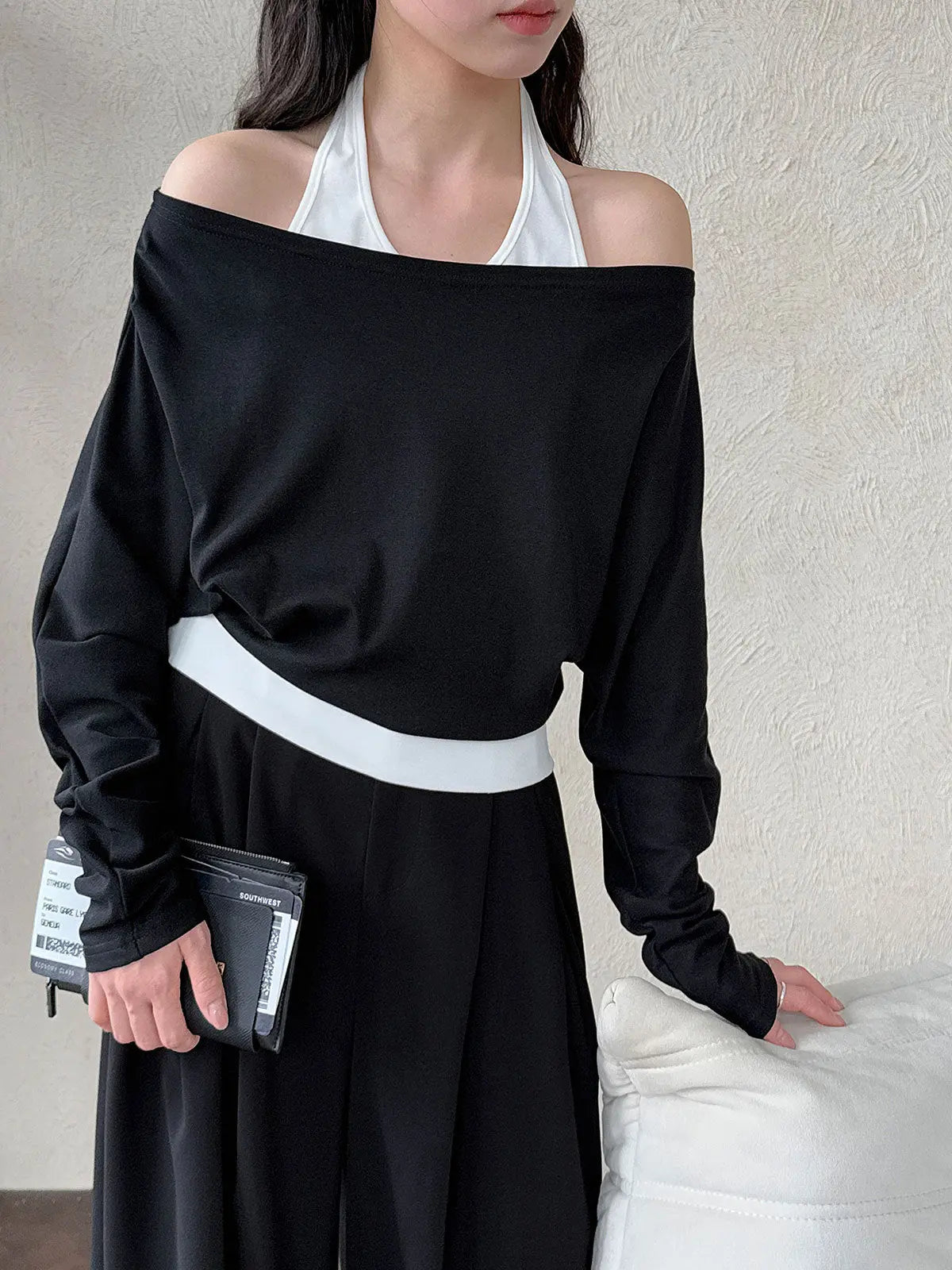 Patchwork Fake Two-Piece Halterneck Off-Shoulder Top Plush Fashion Hub
