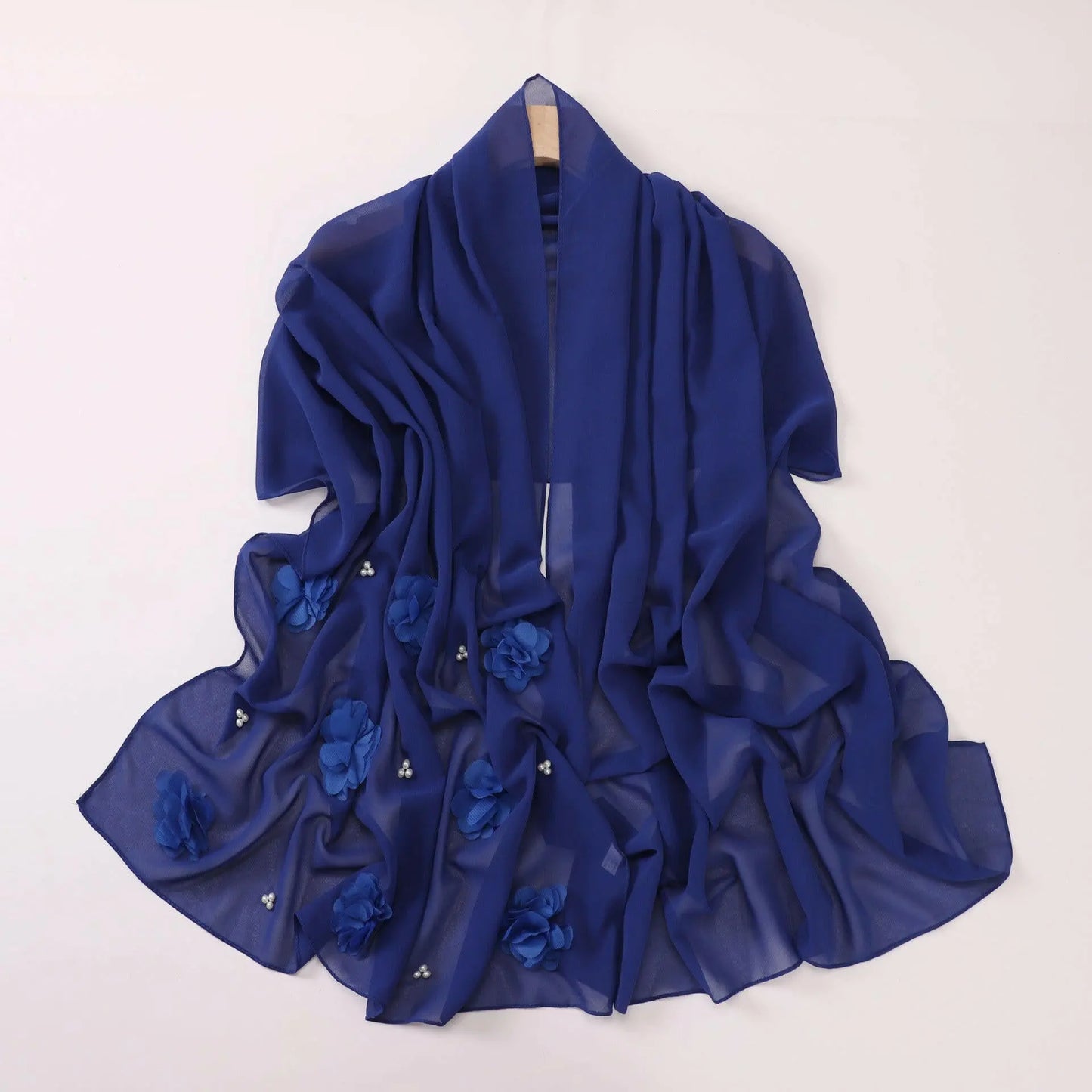 Pearl Chiffon Handmade Sticky Flower Beaded Scarf - Plush Fashion Hub