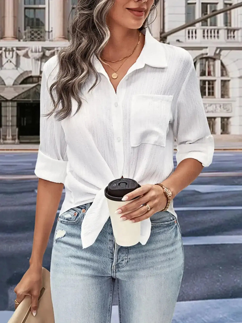 Plush Fashion Hub Perfee collared twisted front half-sleeve shirt for women, stylish casual shirt with a twisted front design.
