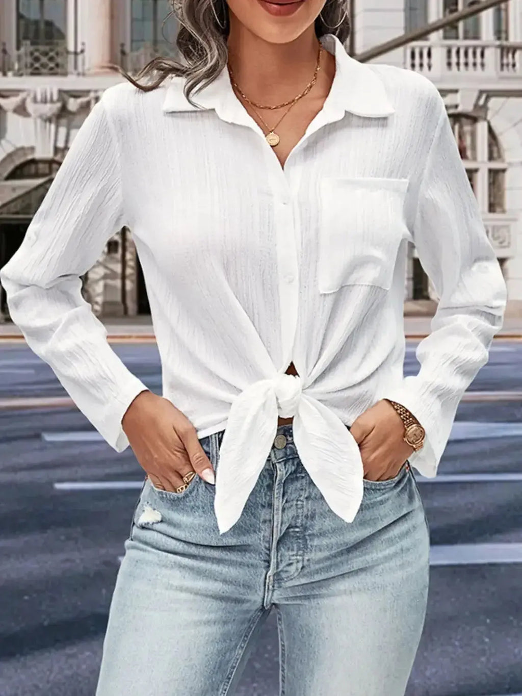 Plush Fashion Hub Perfee collared twisted front half-sleeve shirt for women, featuring a stylish collar and twisted detail.